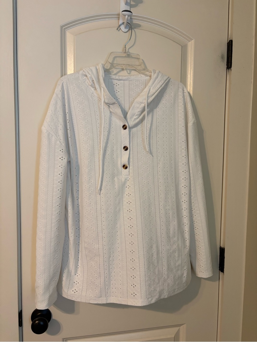 White Eyelet Hooded Henley Pullover Sweater